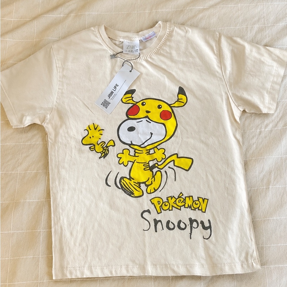 Zara Kids Cream T-Shirt with Yellow & Black Pokémon Snoopy Graphic